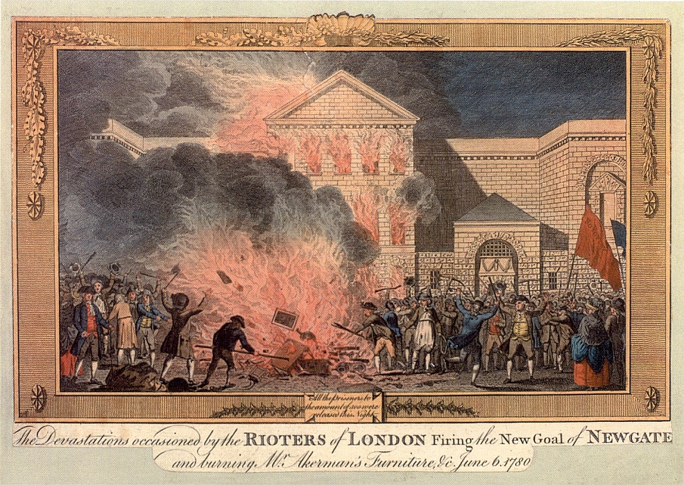 A view of rioters setting fire to Newgate Prison in 1780 during the Gordon Riots. Various banners can be seen with anti Papist statements on them.