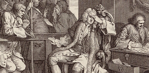 Tom Idle can be seen pleading for mercy on the left.  On the right his fellow apprentice William Goodchild, now an Alderman of London covers his eyes, as he sits in judgement in his role as a magistrate.  His clerk is seated to the right writing a note that starts: To the Turnkey of ...gate