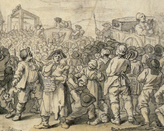Tom Idle in a cart on the right is seen on the way to be hanged at Tyburn.  A disorderly crowd, is gathered with a ragged woman selling a copy of his Last Dying Speech, while the Ordinary of Newgate is seen in a coach behind.