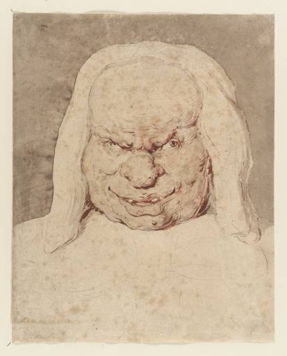 A large head of a man with a high forehead and either  a wig or long white hair.  His eyes are askew, his nose bulbous, and his mouth leering
