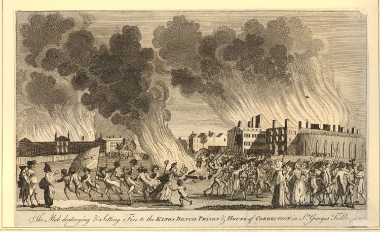 A mob in the foreground is throwing stones, beating sticks and setting fire to the surrounding buildings.  Men run to the left holding a flag with No Popery written on it, and a woman in ragged clothes in the central foreground  is holding up large rocks, a child at her side.