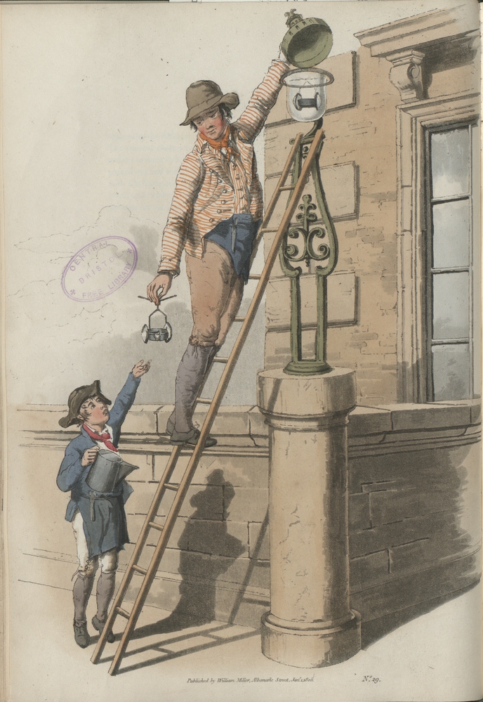 A man in a striped jacket stands on a ladder, leaning against a street lamp.  A small boy, with an oil can in one hand, reaches up to take a lamp mechanism from the man's hand.