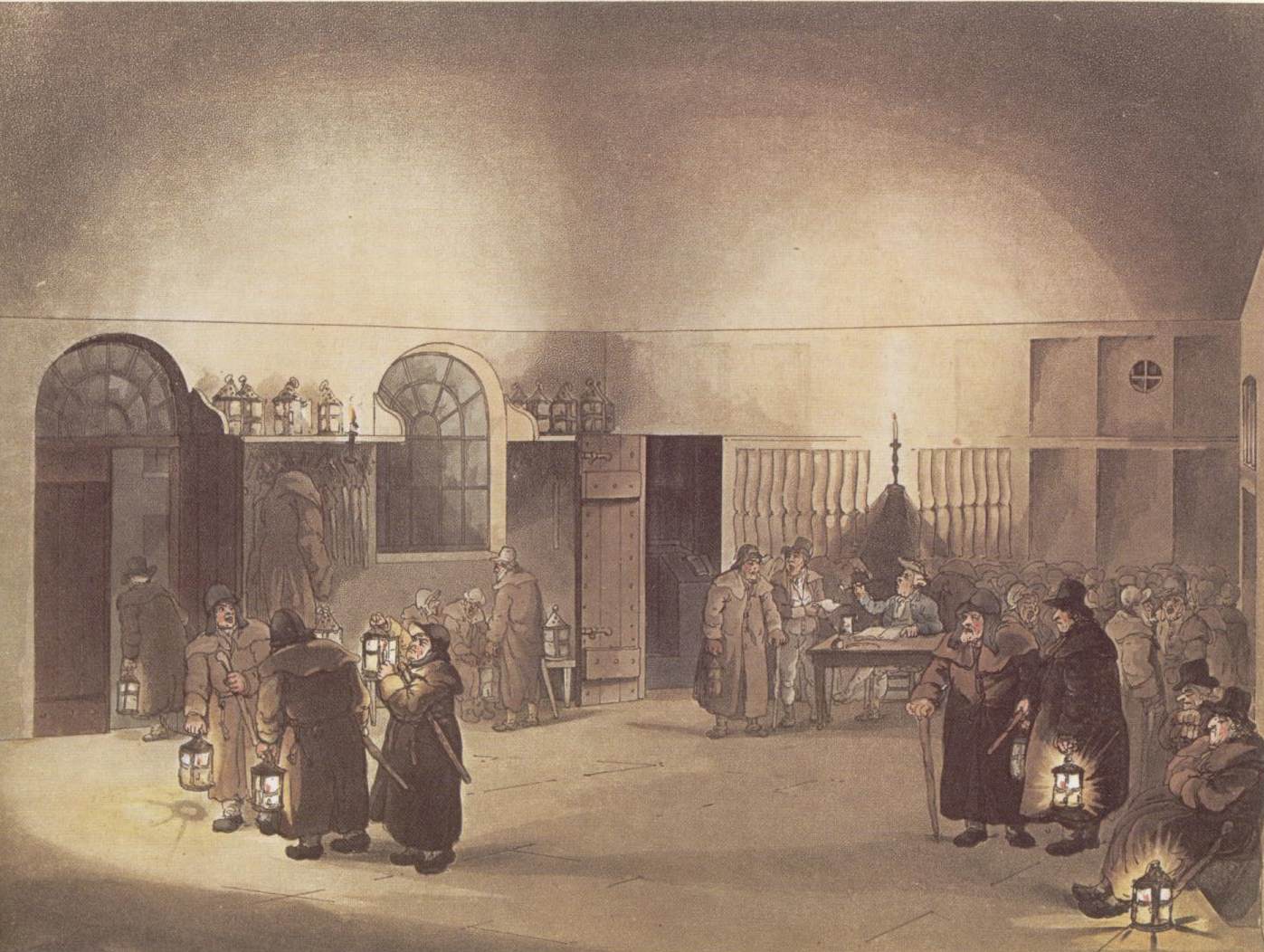 The interior of a watch house with night watchmen in large overcoats, lanterns by their side, preparing to leave for their evening's duties