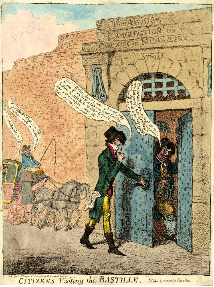 A man in a green coat, yellow trousers and black hat approaches a large blue door in an arched doorway.  Above the door is written: Middlesex House of Correction 1794.  The door is held open by a fat man with keys in one hand.  A hackney coach is approaching the scene from the left.