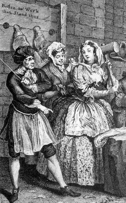 Moll Hackabout, arrested and set to hard labour in Bridewell can be seen still wearing her fine clothes, a hemp mallet raised.  A guard with a stick stands beside her pointing to the work, while a fellow prisoner picks her pocket.  A figure can be seen in the background, their arms locked into a set of stocks on which is written: Better to work than Stand thus.