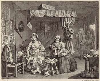 Mall Hackabout is seen sitting on an elaborate curtained bed, her servant pouring her a cup of tea.  There is a cat at her feet, and images of famous highwaymen and libertines can be seen on the wall.  Entering at a door at the rear of the image is Sir John Gonson, the reforming magistrate, followed by a group of constables with their staffs.