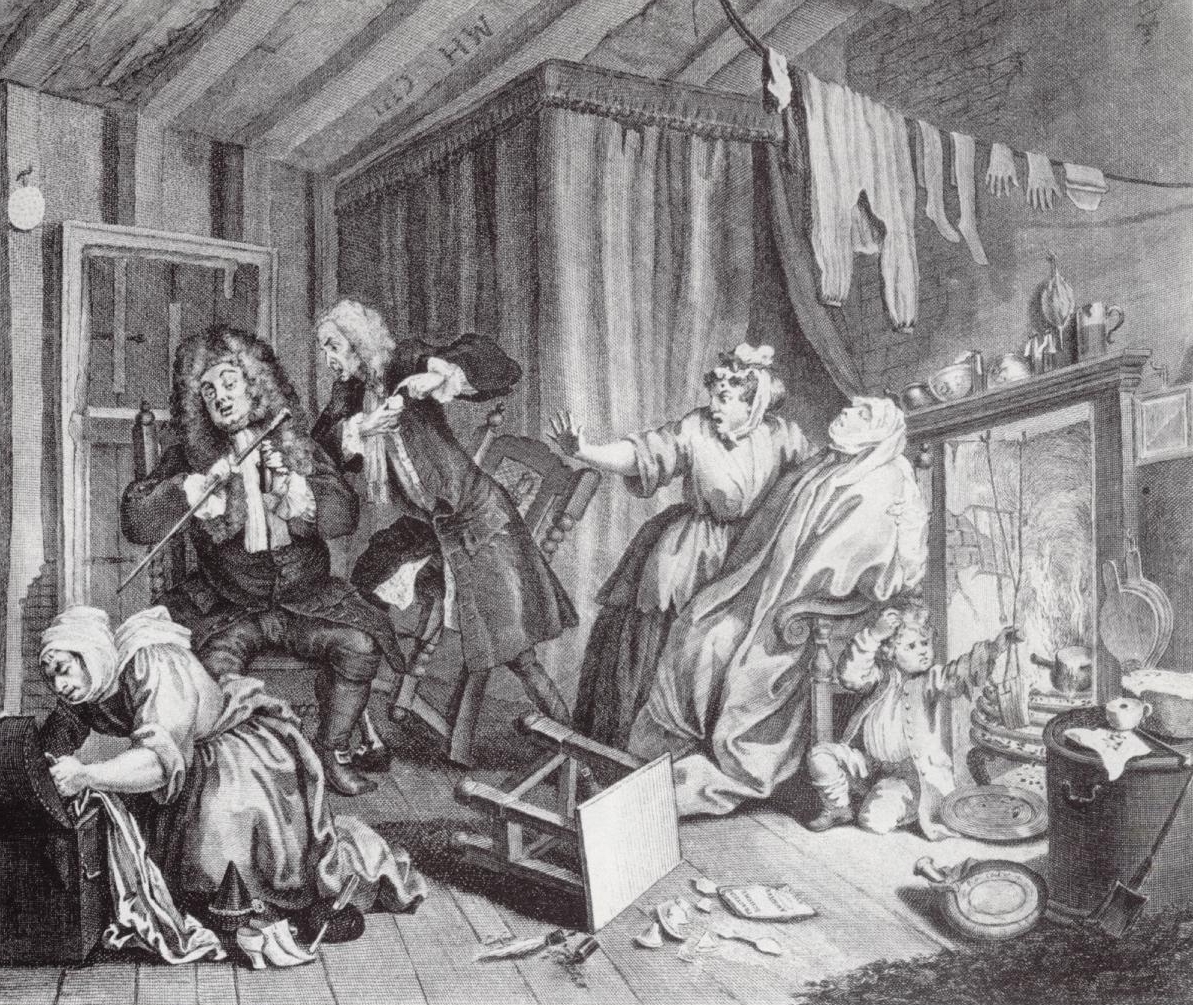 In a poor, dishevelled room, a woman wrapped in sheets sits in a chair by the fire.  A small child is sitting next to her, and a further woman stands over her, gesturing towards two quack doctors consulting by the door.  Another woman rifles through a chest.