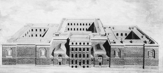 A bird's eye view of Newgate prsion showing both its stone frontage, and the organisation of courtyars behind. A bird's eye view of Newgate prsion showing both its stone frontage, and the organisation of courtyars behind.