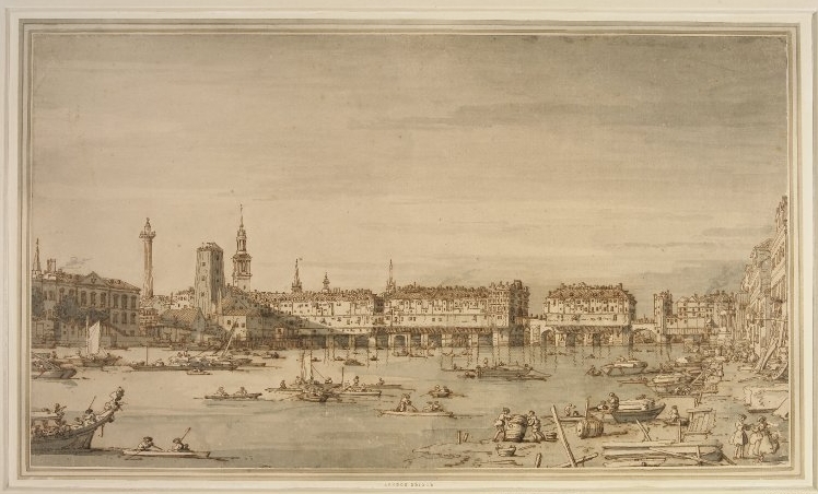 Old London Bridge; with numerous boats on the river Thames and two figures moving a barrel near the right foreground