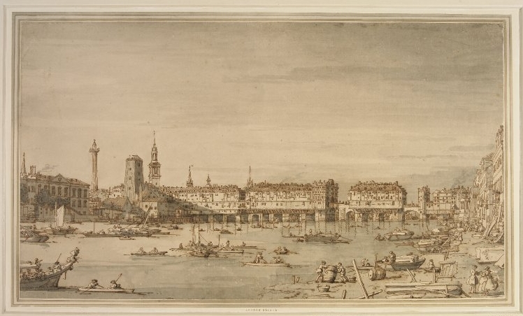Old London Bridge; with numerous boats on the river Thames and two figures moving a barrel near the right foreground Old London Bridge; with numerous boats on the river Thames and two figures moving a barrel near the right foreground