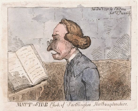 A caricature of a parish clerk in profile reading from an open book