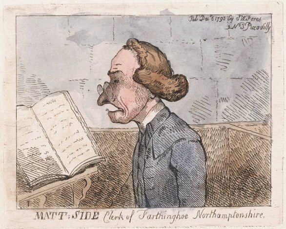 A caricature of a parish clerk in profile reading from an open book A caricature of a parish clerk in profile reading from an open book