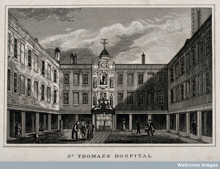 A view of the courtyard at St Thomas's Hospital with ten figures