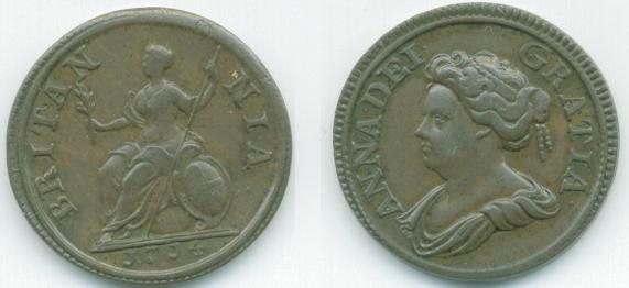 A farthing from 1714.  Other than in this year (1714), no copper coins were produced during Anne's reign.  The lack of copper led to the contemporary belief in the rarity of farthings.