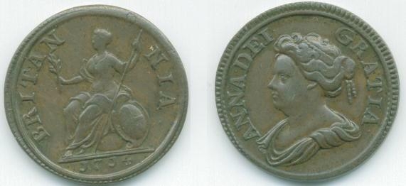 A farthing from 1714. Other than in this year (1714), no copper coins were produced during Anne's reign. The lack of copper led to the contemporary belief in the rarity of farthings. A farthing from 1714. Other than in this year (1714), no copper coins were produced during Anne's reign. The lack of copper led to the contemporary belief in the rarity of farthings.