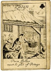 The Queen of Clubs from a deck of cards, with the image of a woman outside a poor cottage, stirring a pot over a fire