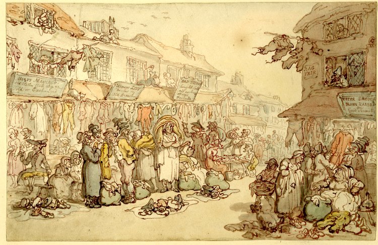 A street view, full of people selling old clothes.  A sign saying Ragfair can be seen on the right. The low, two story wooden houses depicted were typical of the area.