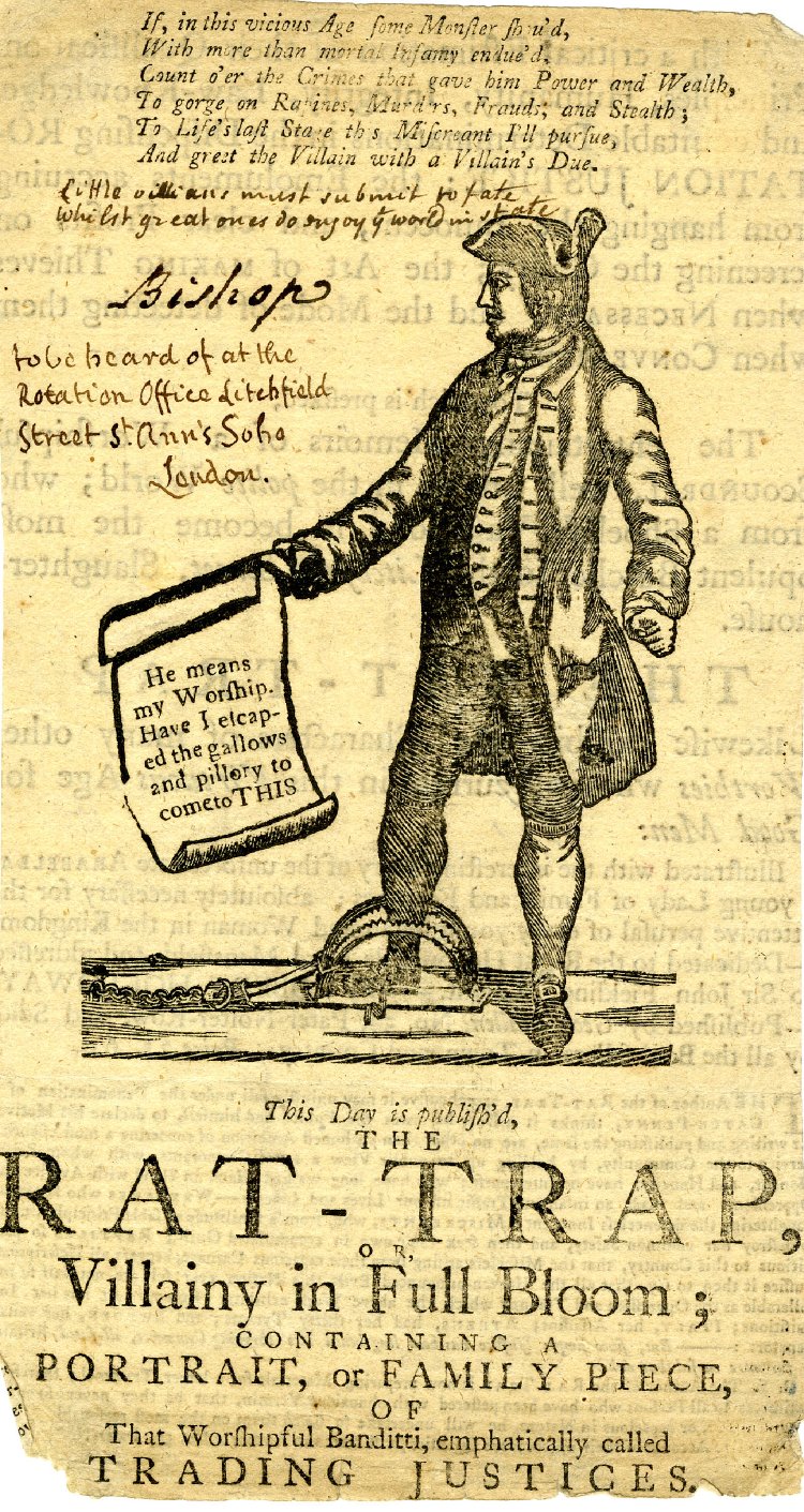 A man stands, his right leg in the teeth of a rat-trap, his right hand holding a paper.  Below is a caption that reads: a portrait, or family piece of that worshipful banditti, emphatically called Trading Justices