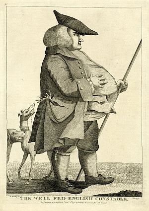 A man in profile showing his enormous belly, holding a stick and with two dogs slavering at a dead fowl in his pocket.