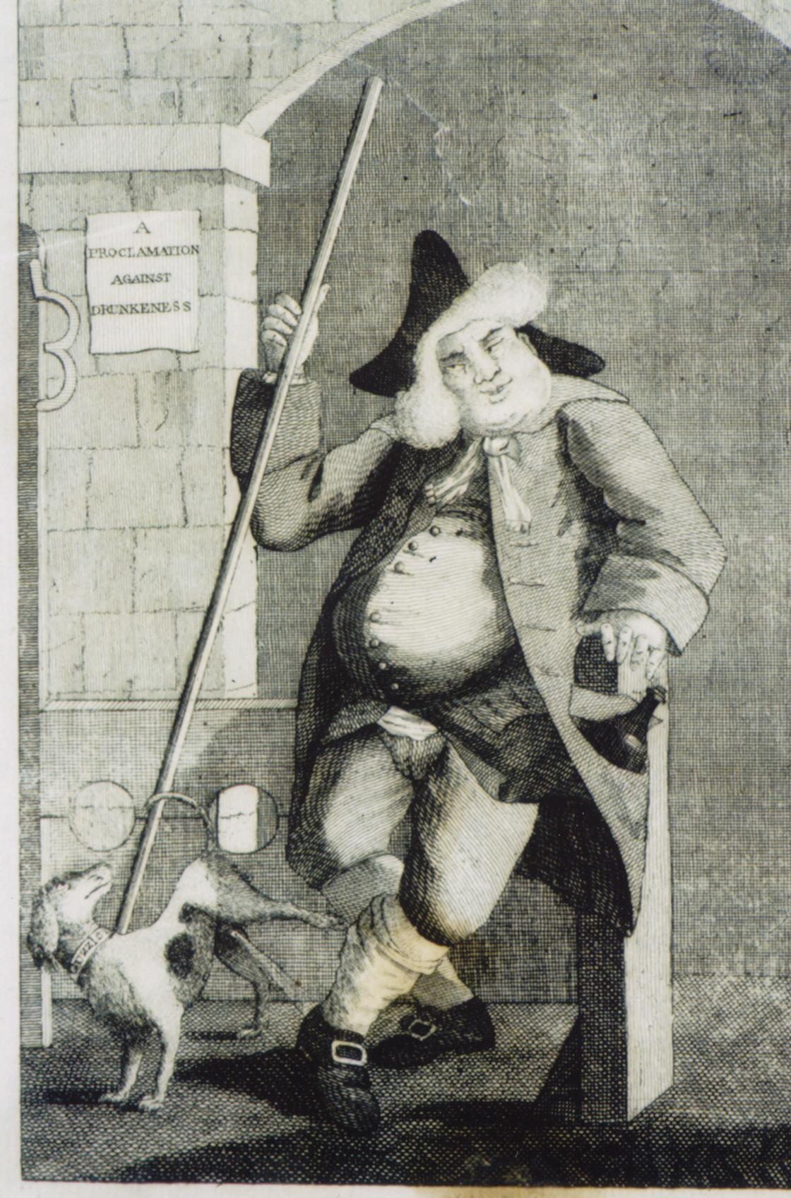 A fat man with a staff, leans against a bollard, a bottle clearly visible in his pocket.  He looks unsteady and drunk.  A dog is urinating on his shoe, and a large incongruous pair of glasses is resting on his staff.  On the wall behind him can be seen a sign reading: A Proclamation Against Drunkeness