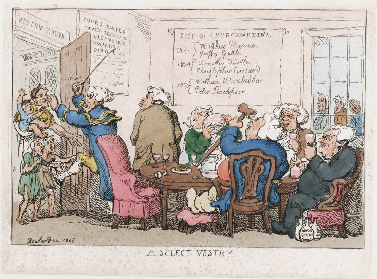 Well-fed vestrymen sit down to a large meal, while the poor attempt to gain entry at the door