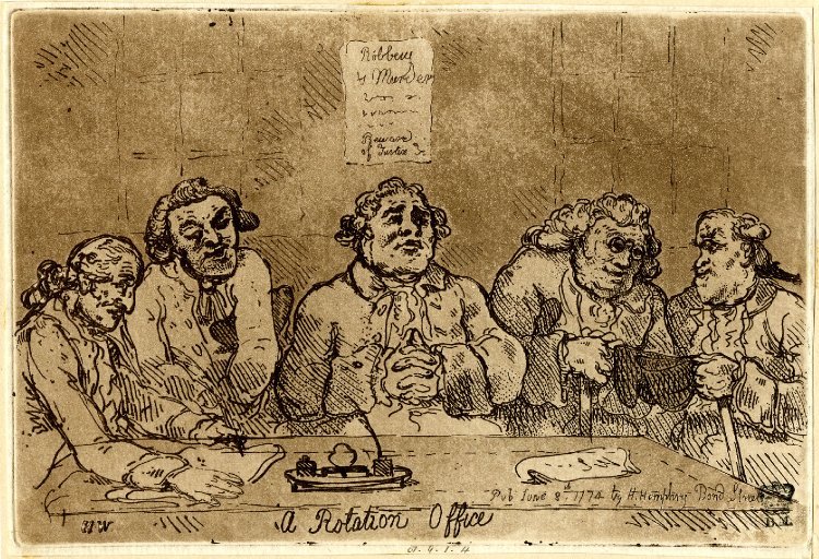 A London justice of peace is seated behind a table, his hands clasped in front of him. On either side are three men holding hats and canes. The justice's clerk is sitting on the left, and on the wall is a notice: Robbery, Murder ... Beware of Justice. 8 June 1774.