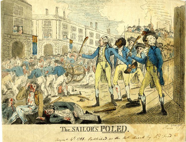 On the right is a raised stand for spectators; behind and on the left are the piazzas. A band of sailors has been routed by men with bludgeons wearing blue and buff. Three wounded sailors lie in the foreground (left). The bludgeon men are led by two in fashionable dress.