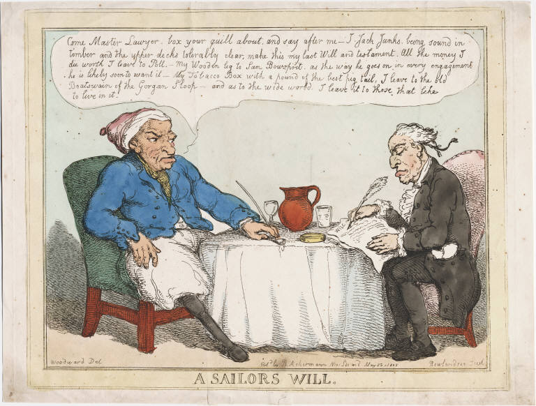A sailor with a wooden leg sits opposite a lawyer in black, with a pen and paper in hand, drawing up a will