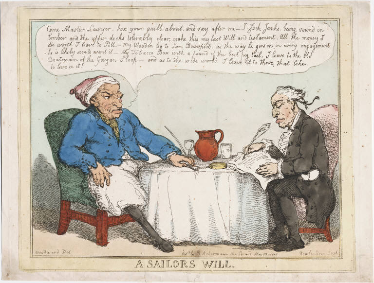 A sailor with a wooden leg sits opposite a lawyer in black, with a pen and paper in hand, drawing up a will A sailor with a wooden leg sits opposite a lawyer in black, with a pen and paper in hand, drawing up a will