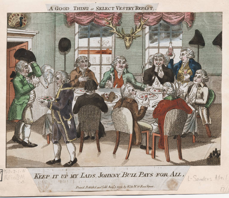 Eight well dressed men sit or stand around a dining table.  A fine white table cloth is evident, and everyone is either eating heartily or checking the quality of the wine.  Another man, pipe in hand, has just come through the door, and a servant can be seen in the foreground carrying a heavily laden dish