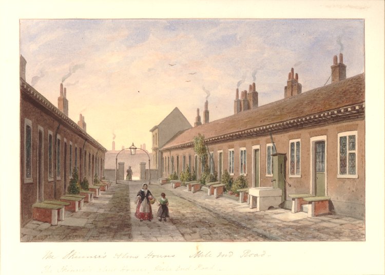 View of the Skinners' almshouses on Mile End Road, London built around a long central court; two figures in yard, a pump on the right. 1854