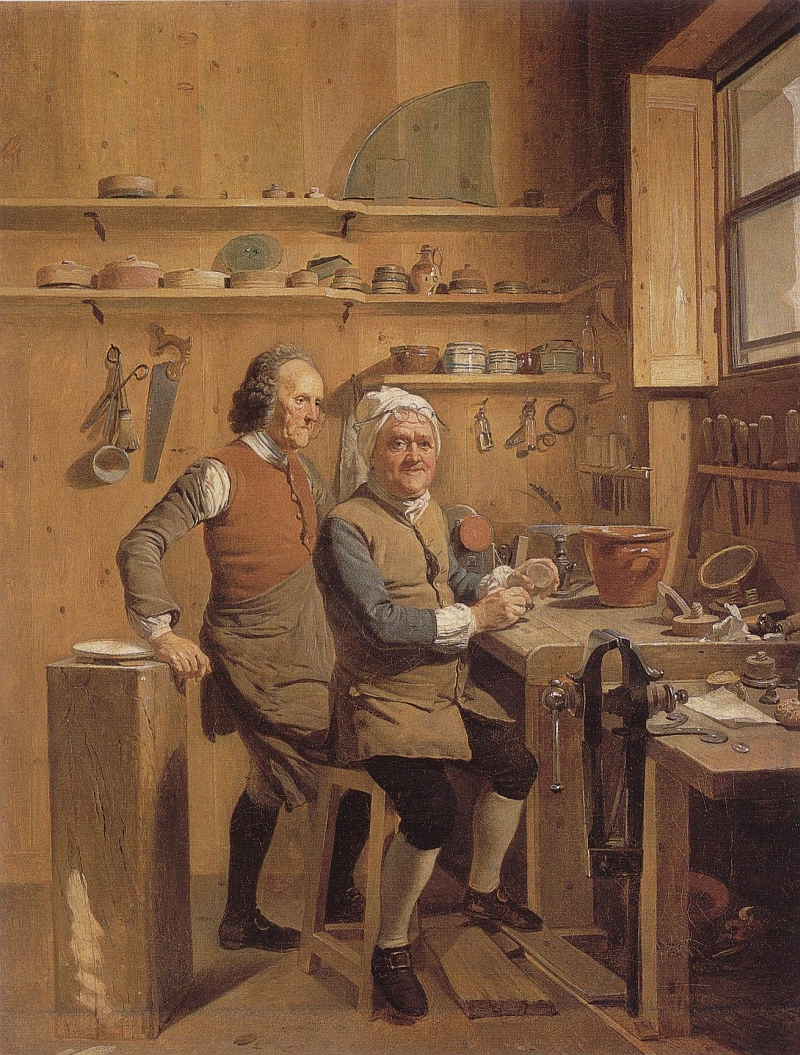 John Cuff, master spectacle maker, is depicted sitting at his bench with an assistant standing behind him, surrounded by the tools of his trade