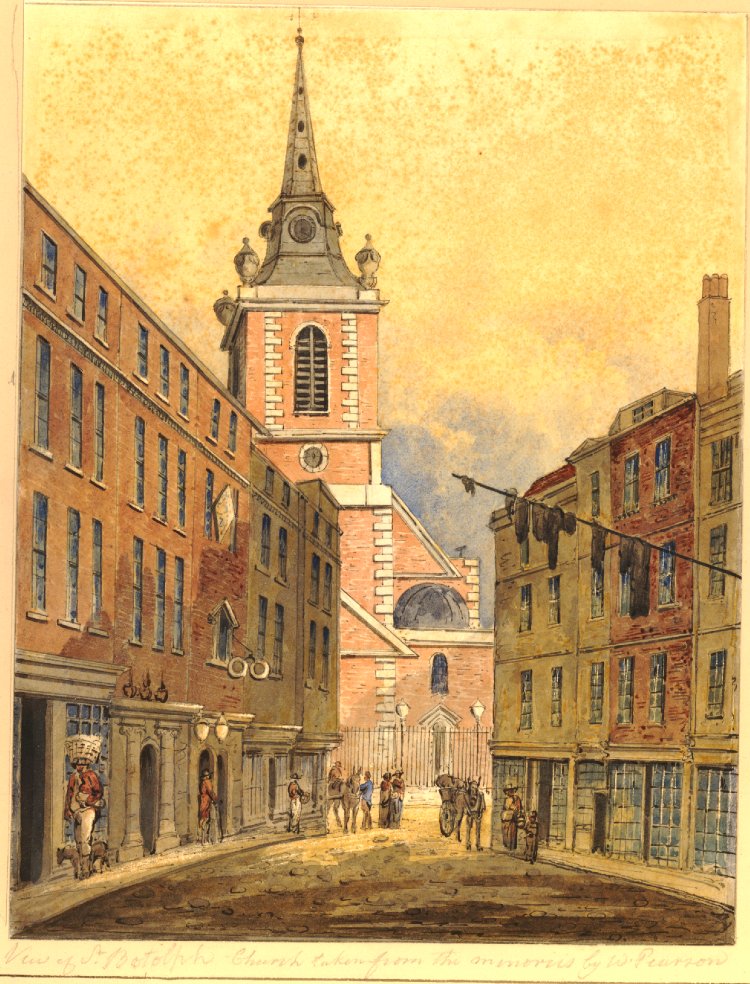 A view of St Botolph Church, from the corner of the Minories and Aldgate