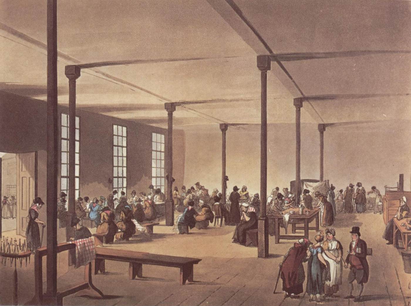 The workroom at St James's workhouse, showing women sitting at workbenches and a number of better dressed visitors in the foreground