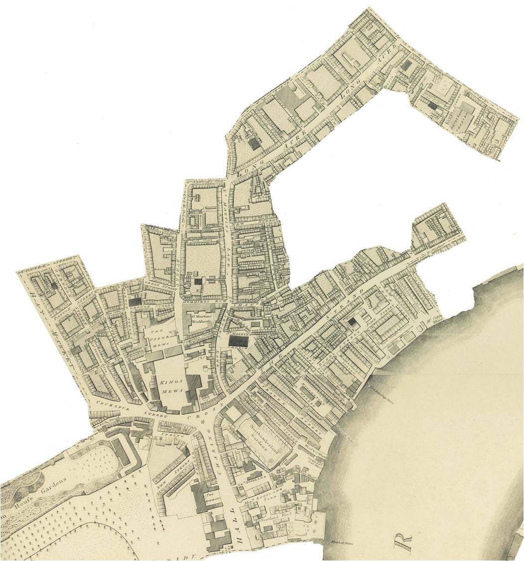 A map showing the built up areas of St Martin in the Fields in 1797.