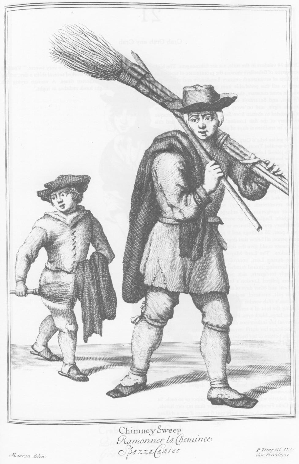 A man with a set of brooms on one shoulder walks across the scene, followed by a young boy apprentice, with a sack over one arm, and a broom in his hand