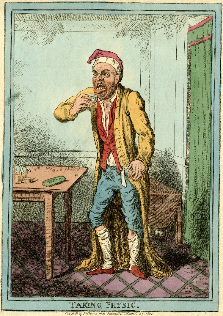 A man in a dressing gwon and cap pulls a face, as he lifts a glass of medicine to his lips
