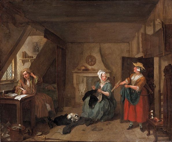 A poet in a nightgown, sits beneath a window, scratching his head, while his wife mends an old jacket, and his landlady stands at the door demanding money due A poet in a nightgown, sits beneath a window, scratching his head, while his wife mends an old jacket, and his landlady stands at the door demanding money due