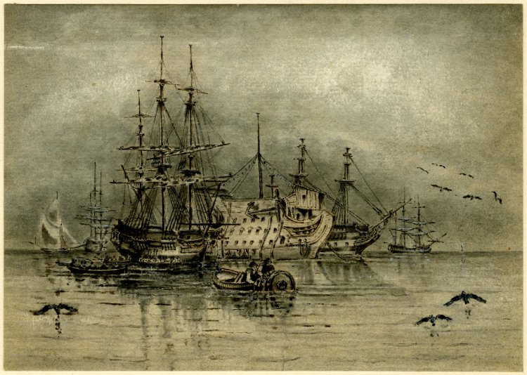 Sheerness; the hulk of a large three-deck ship, with smaller vessels on each side of it.  Two further men-of-war can be seen in the distance right.