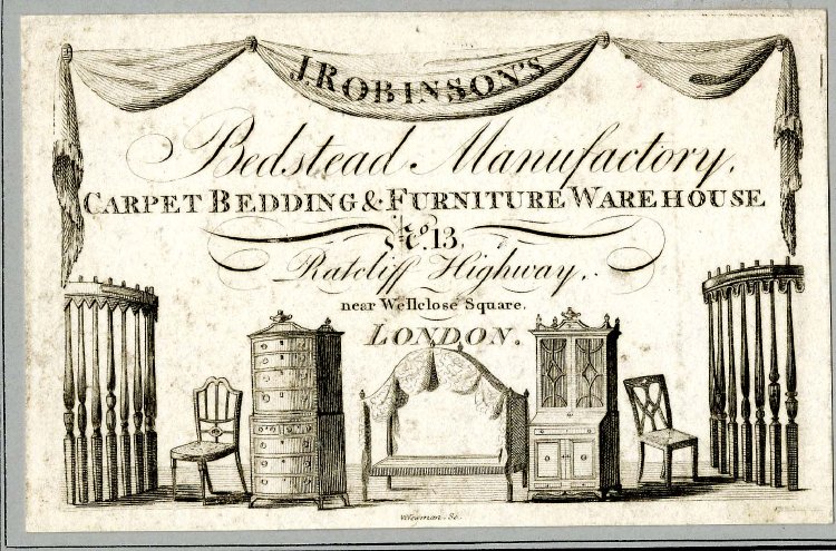 A trade card from a furniture dealer off Wellclose Square in the parish of St Botolph Aldgate, illustrating various items of furniture, including beds, chairs and cabinets