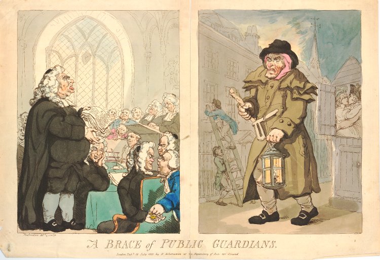 A diptych; on the left, a fat judge speaks, his eyes upwards, while another judge sits to the right accepting a bribe from a desperate looking man; on the right, a night-watchman armed with truncheon and rattle, walks along, oblivious to two men scaling a ladder to break into a house.  In the background a couple can be seen embracing in a watch house.