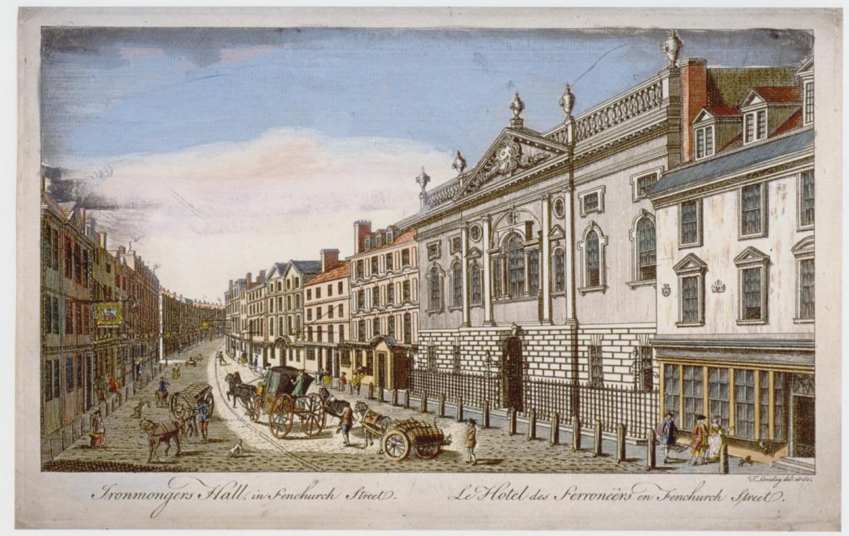 Fenchurch Street looking westward, c.1750.  The building on the right is Ironmongers’ Hall, as rebuilt in 1748, which is just outside the eastern boundary of the parish.