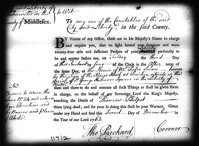 A printed warrant form filled in to empannel a jury to view the body of Thomas Philpot, dated 3 December 1762