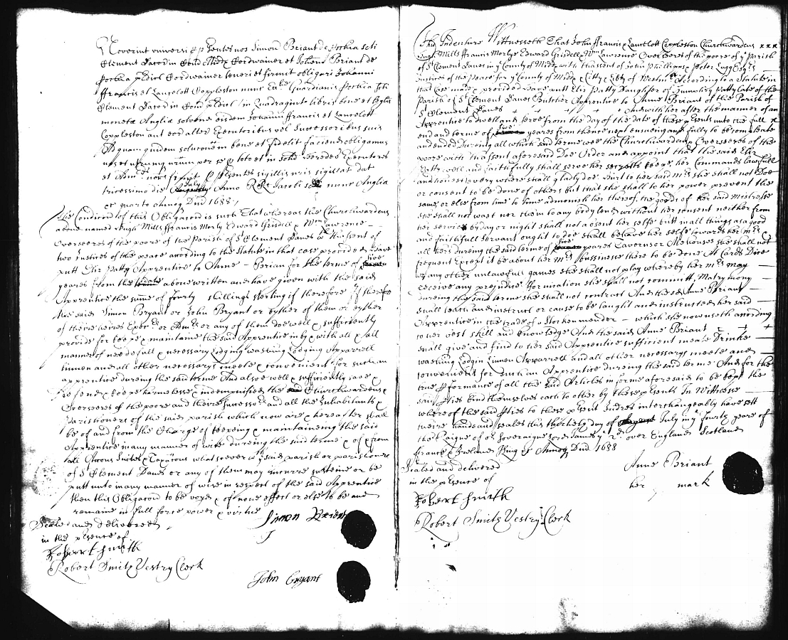 The two halves of Elizabeth Pate's apprenticeship indentures, binding her to Anne Briant, stocking mender, for five years, dated 30 July 1688