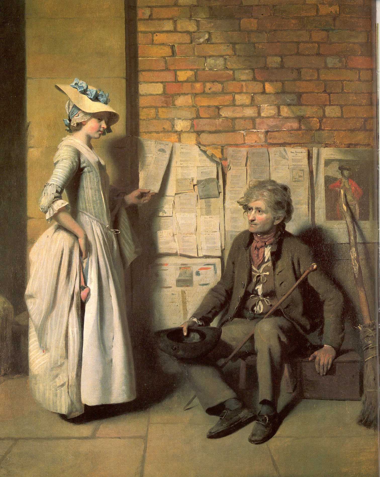A young well dressed girl stands in front of a brick wall, on which ballads and news sheets are posted.  An older man, hat in hand, is seated on a box.  There is a broom by his side