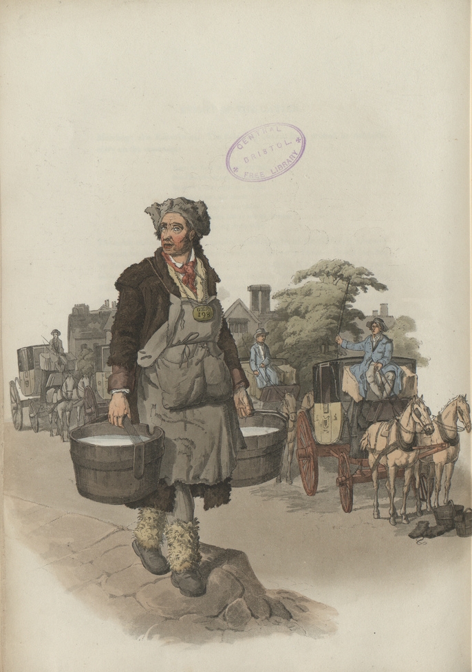 A man in a grey apron and sheepskin gaiters is walking towards the viewer, with a large bucket full of water in each hand.  In the background a row of carriages and horses can be seen.