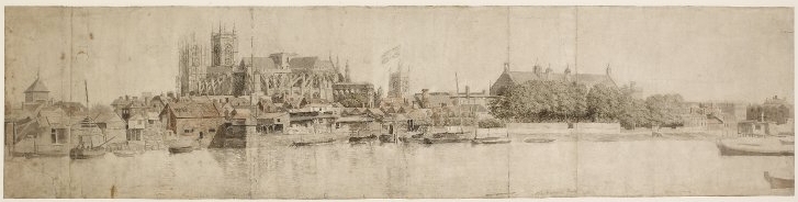 A view from the river of Westminster Abbey, with Westminster Hall rising beyond the houses and wharves on the riverfront