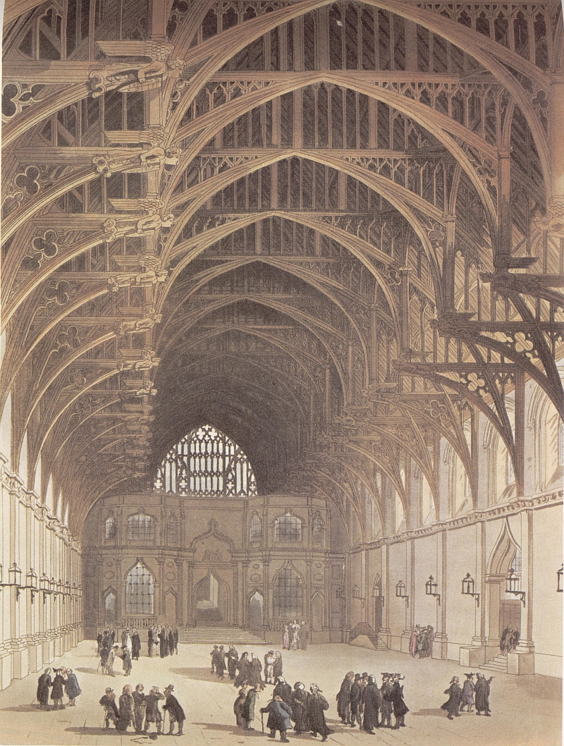 An interior view of Westminster Hall, with groups of men and some women milling about.  The high hammer beam wooden ceiling dominates the image