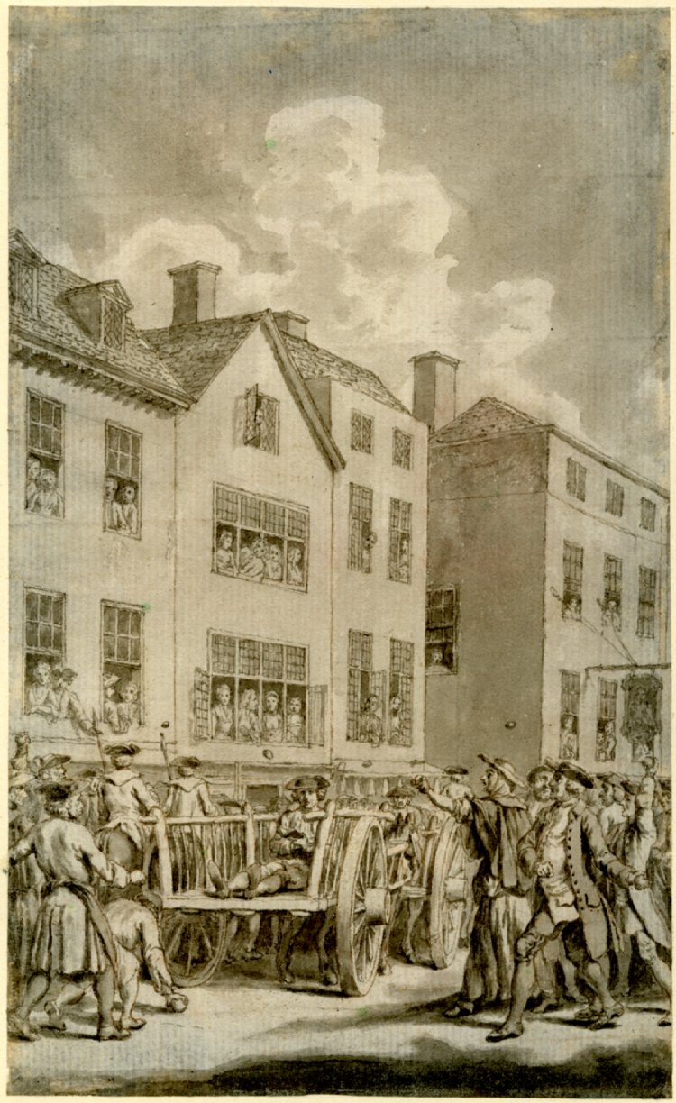 A street scene with a man sitting facing the viewer in a cart moving in the opposite direction.  Either side is crowded with both men and women and stones can be seen hurling through the air.  The windows of the buildings that frame the scene are full of people.