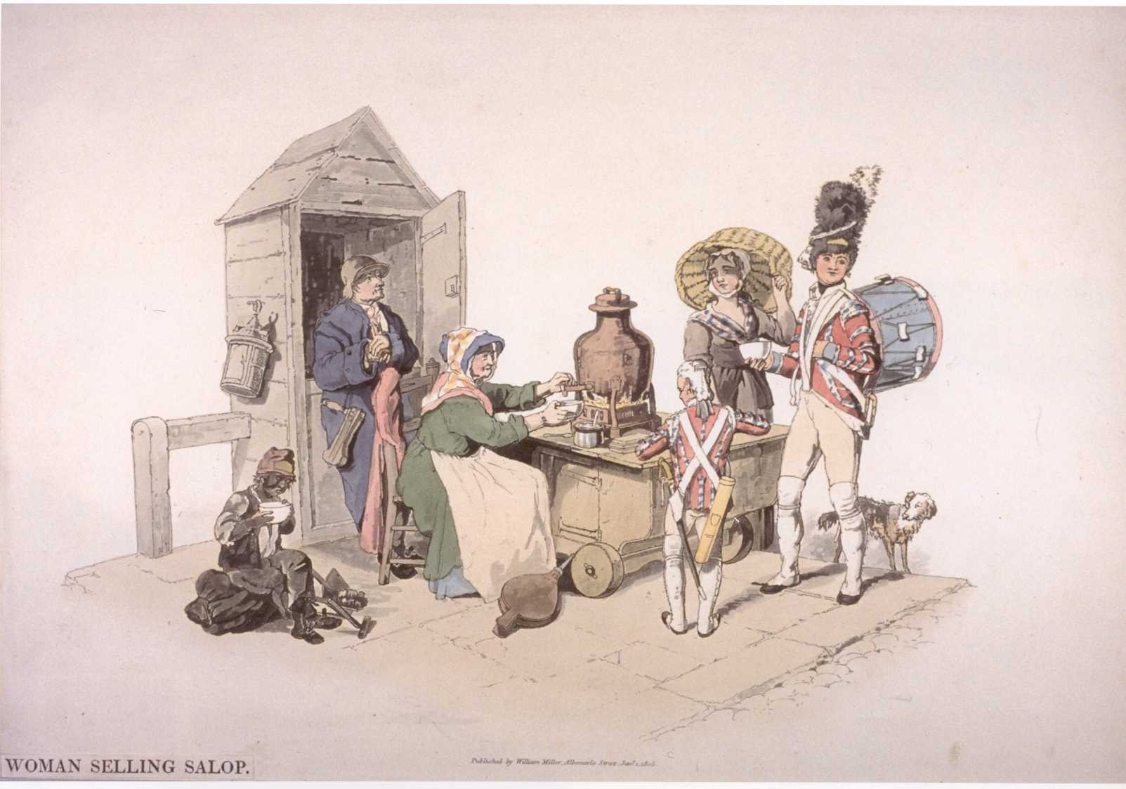 A older woman sits by a wheeled cart dispencing liquid from a tall kettle.  A soldier with a drum and a small boy in uniform, a woman with an empty basket on her head, and chimney sweep stand by her.  Behind her is a night watchman in his watch box.